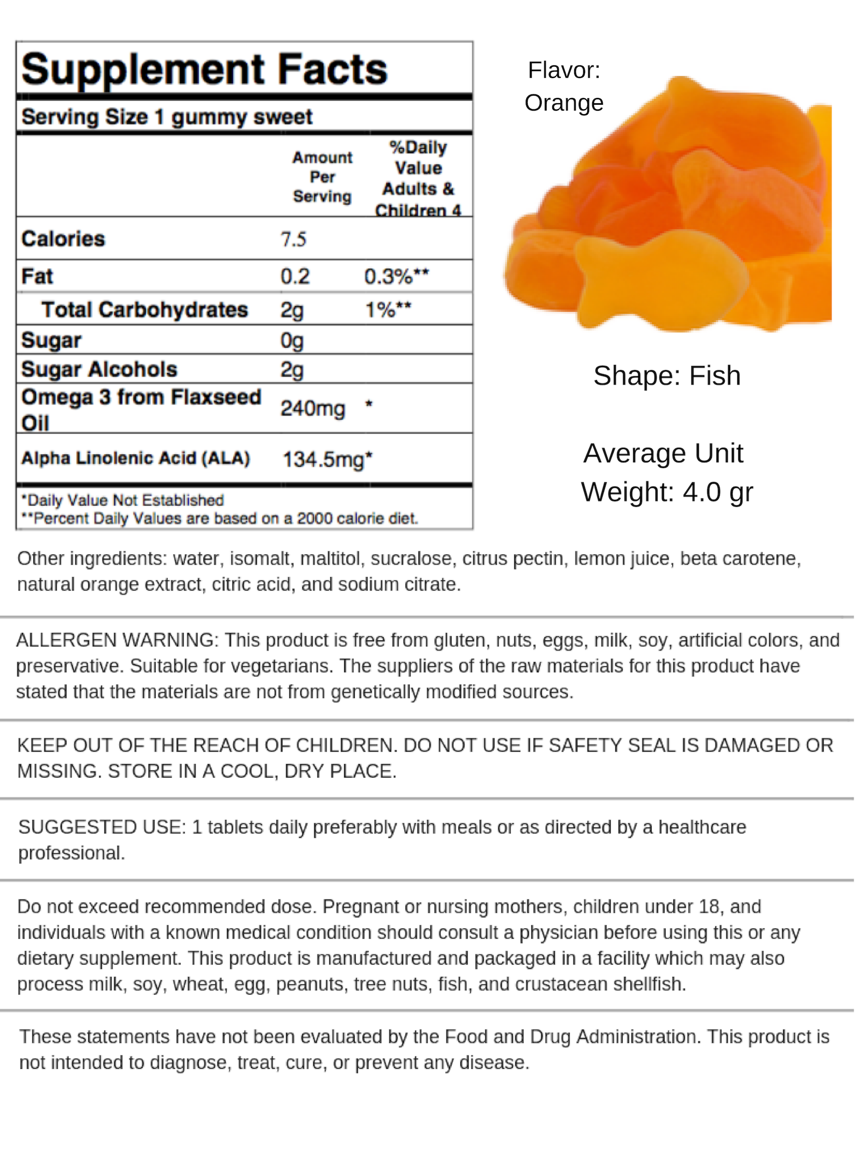 Sugar Free Omega 3 - 240mg - Orange Fish Shape